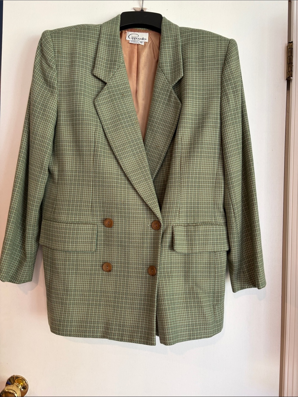 VTG Pappagallo Sage Green Houndstooth Double Breasted Blazer Jacket 12
